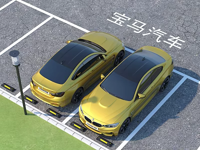 Two Yellow BMW Cars Parked In Marked Parking Space With Street Lamp 3d model