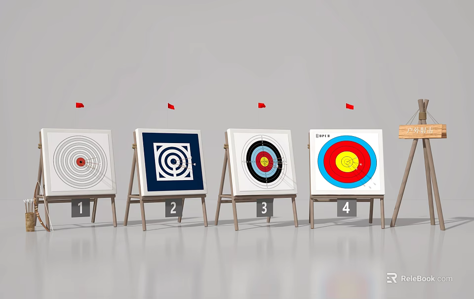 Fun Shooting Game Playground Equipment With Target Boards Numbers Red Flags And Wooden Stands 3d model 