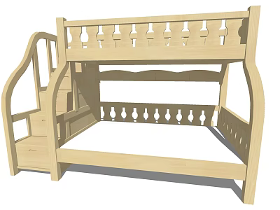 Wooden Bunk Bed With Stairs And Storage Drawers And Decorative Railings For Kids Room 3d model