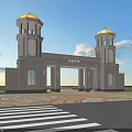 Grand Light Stone Entrance Gate Design With Twin Golden Dome Towers And Spacious Square