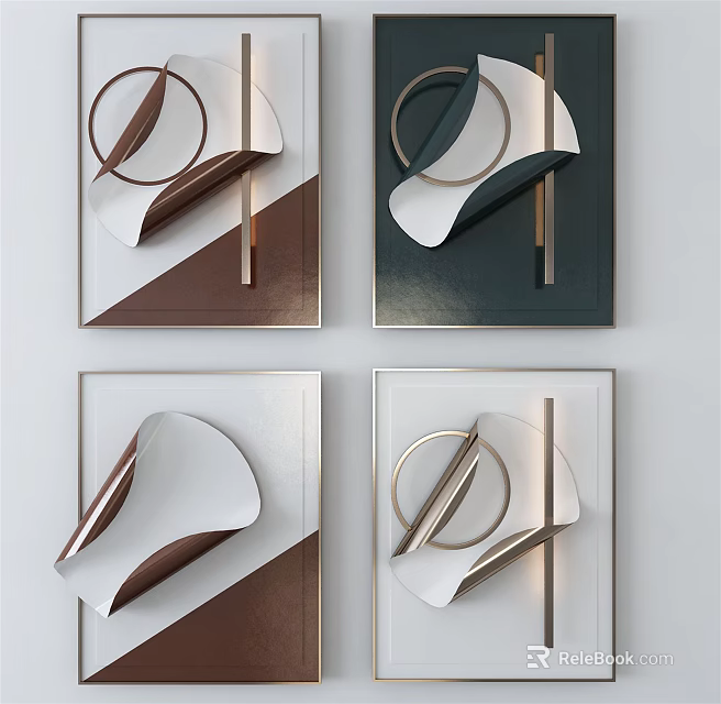 Modern Abstract Wall Decor With Geometric Shapes Metallic Accents Brown Green White Four Panel Artwork 3d model 
