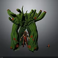 Adventurous Hat Wearing Character Standing Before Giant Green Cactus Creature With Red Flowers