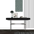 Black Console Table with Green Lamp Artwork Decor on Vertical Striped Wall and Wooden Floor