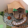 Children Playground Equipment With Wooden House Slide Ball Pit And Green Circular Mats