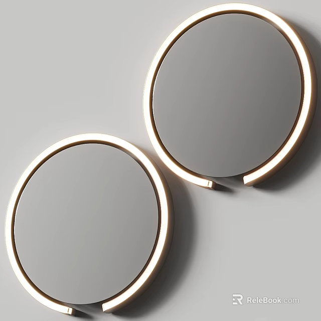 Modern Two Round Mirrors with Gold Frame Mounted on White Wall 3d model 