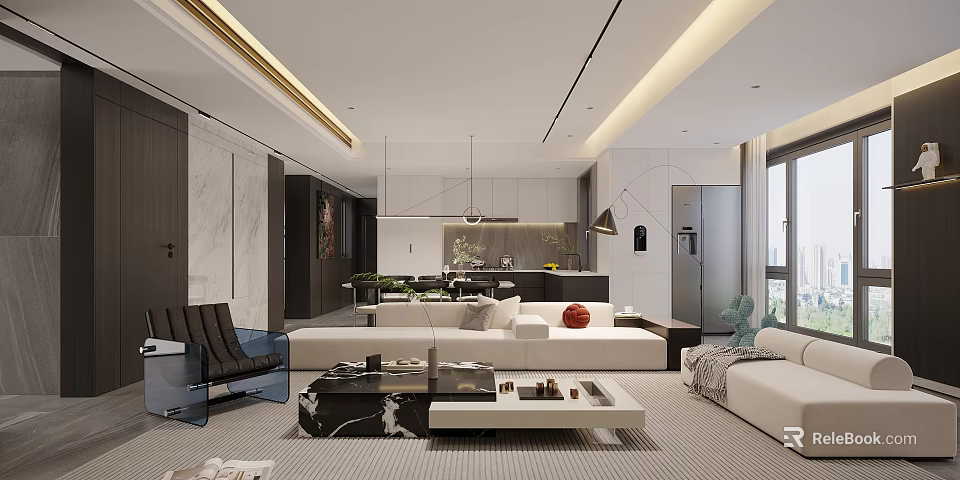 Modern Dining and Living Room Interior With Sofa Coffee Table And Pendant Lights 3d model 