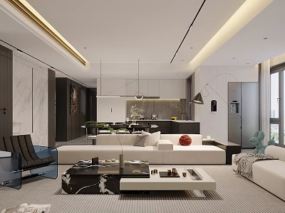 Modern Dining and Living Room Interior With Sofa Coffee Table And Pendant Lights 3d model