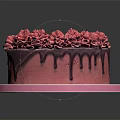 Delicious Pink Cream Cake With Rose Decorations And Chocolate Drizzle On White Plate