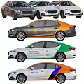 Modern Multi Colored Sedan Cars With Orange Blue Green Stripes And Brand Logos On Body