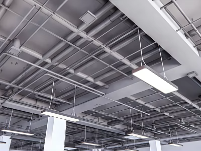 Modern Industrial Ceiling Design With Metal Framework Pipes And Hanging Lights 3d model