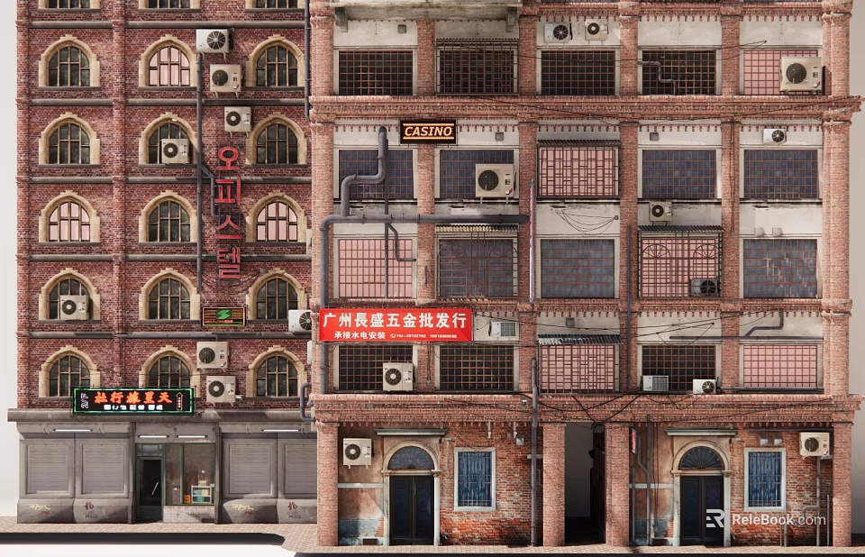 Guangzhou Commercial Street With Red Brick Buildings Air Conditioners And Hardware Wholesale Store 3d model 