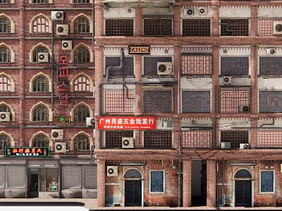 Guangzhou Commercial Street With Red Brick Buildings Air Conditioners And Hardware Wholesale Store 3d model