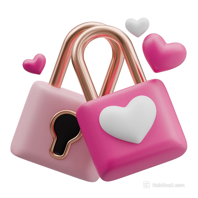 Cute Pink Locks With Golden Shackles And White Heart Decorated With Small Hearts Around 3d model 