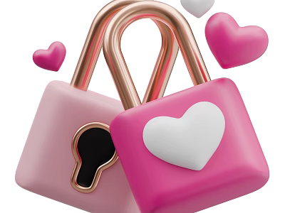 Cute Pink Locks With Golden Shackles And White Heart Decorated With Small Hearts Around 3d model