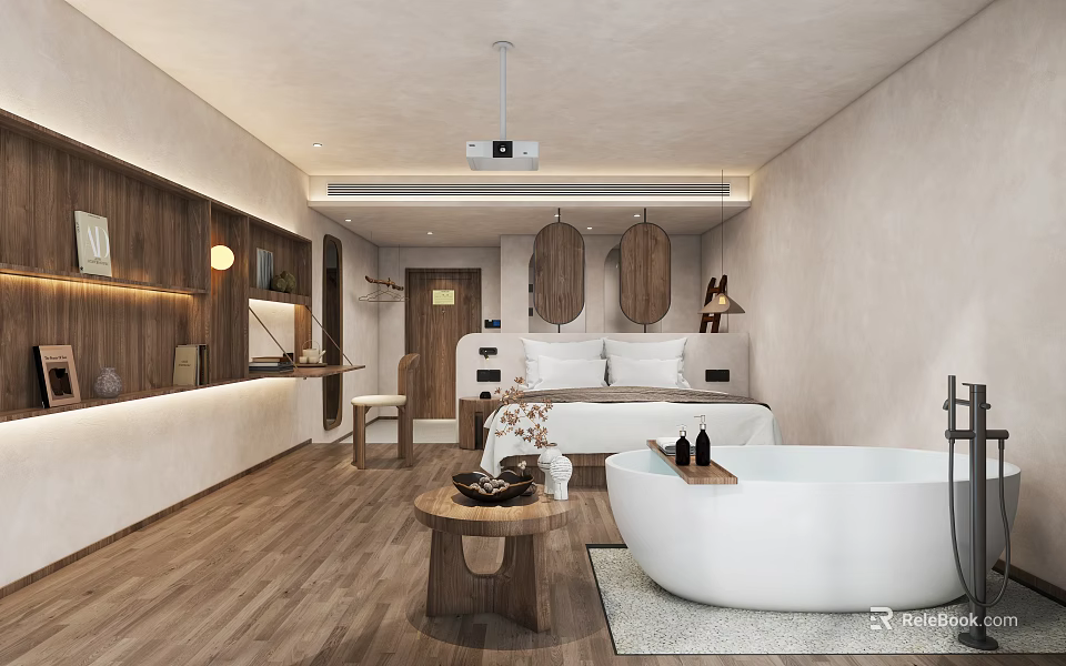 Hotel Room Interior With Comfortable Bed White Bathtub Wooden Decor And Warm Lighting 3d model 