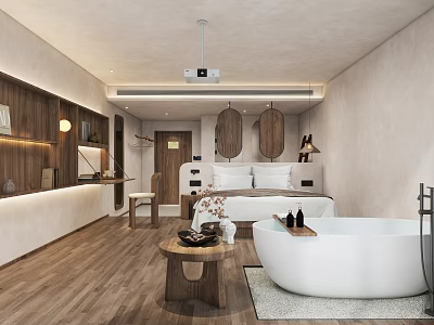 Hotel Room Interior With Comfortable Bed White Bathtub Wooden Decor And Warm Lighting 3d model