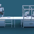 Industrial Equipment For Automated Production Line With Robot And Robotic Arms In Transparent Enclosure
