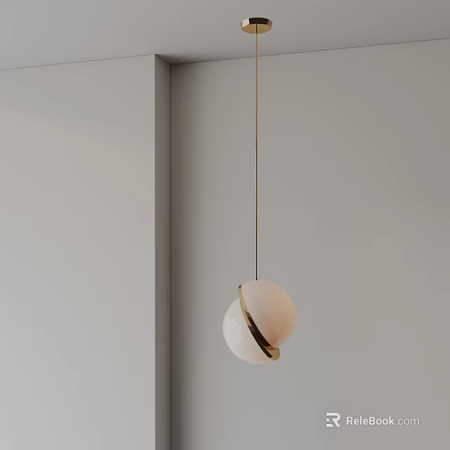 Modern Minimalist Pendant Light With White Spherical Shade And Golden Ring Hanging On Gray Wall 3d model 
