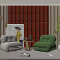 Modern Living Room Red Wavy Accent Wall With Gray Green Sofas 3d model