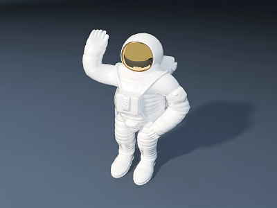 White Astronaut Figure in Spacesuit With Golden Helmet Waving Hand on Gray Background 3d model