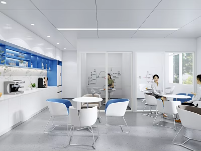 Modern Office Lounge Area With White Blue Tables Chairs Coffee Station And Windows 3d model