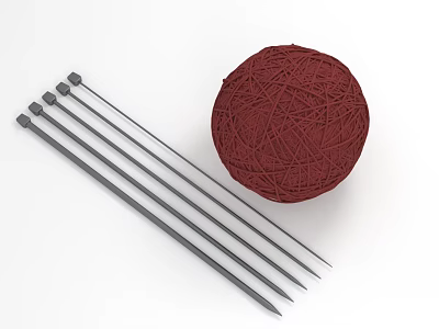Essential Knitting Supplies Red Yarn Ball And Silver Needles For Daily Crafts 3d model
