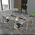 Modern Office Desk With Multiple Workstations Computer Monitors Green Chairs And White Shelves 3d model