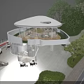 Modern Waterfront Library Building With Spiral Staircase Glass Curtain Walls Outdoor Seating and Greenery