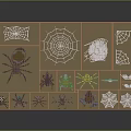 Spiders on a brown board with different colors and various styles of spider webs