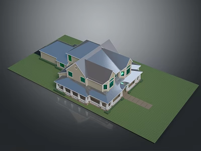 Detailed 3D Residential House Model With Gabled Roofs Green Lawn And Porch 3d model