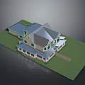 Detailed 3D Residential House Model With Gabled Roofs Green Lawn And Porch