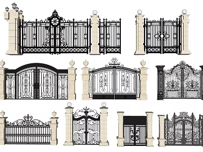 Ornate Iron Gates With Classical Carvings And Various Stone Pillar Designs 3d model