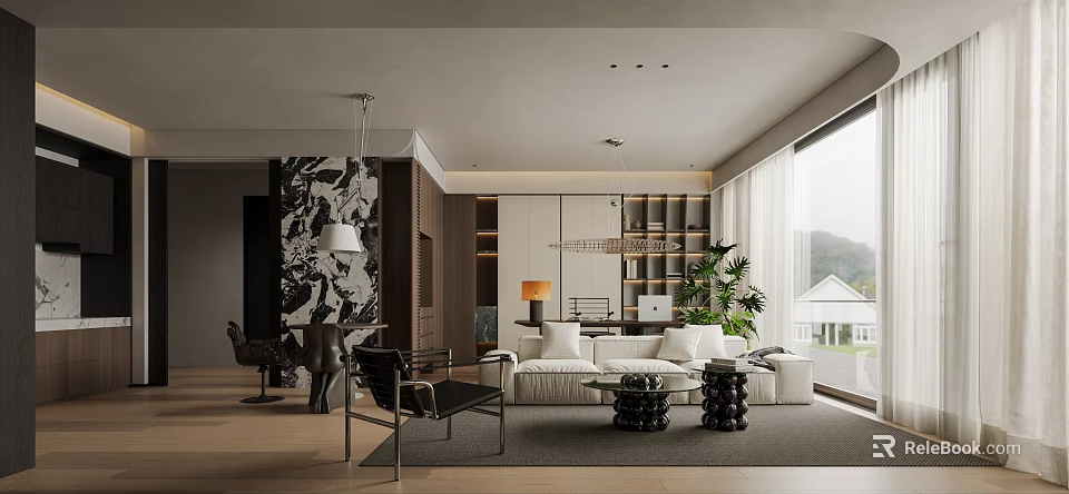 Modern Living Room Interior With White Sofa Black Chairs Bookshelves Plants And Large Windows 3d model 