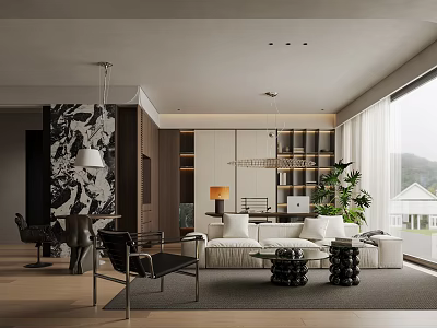 Modern Living Room Interior With White Sofa Black Chairs Bookshelves Plants And Large Windows 3d model