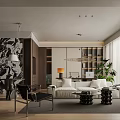 Modern Living Room Interior With White Sofa Black Chairs Bookshelves Plants And Large Windows