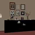 Elegant Interior Decor With Wooden Cabinet Framed Artworks Floor Lamp And Decorative Items