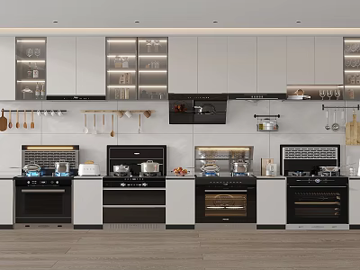 Modern Kitchen With Built In Appliances And White Cabinet Layout 3d model