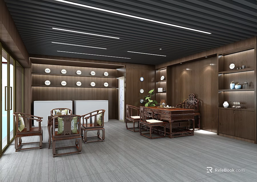 Traditional Chinese Tea Shop Interior With Wooden Furniture Shelves Tea Sets And Green Plants 3d model 