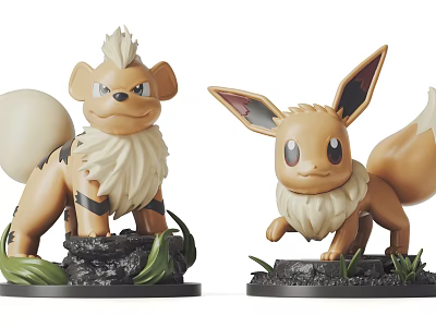 Cute Brown Pokemon Style Toy Figures With Two Green Plant Bases And Detailed Features 3d model