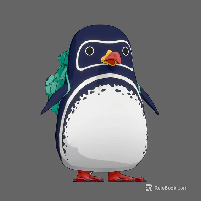 Cartoon Aquatic Animal Penguin With Dark Blue Body White Belly Red Feet And Green Backpack 3d model 