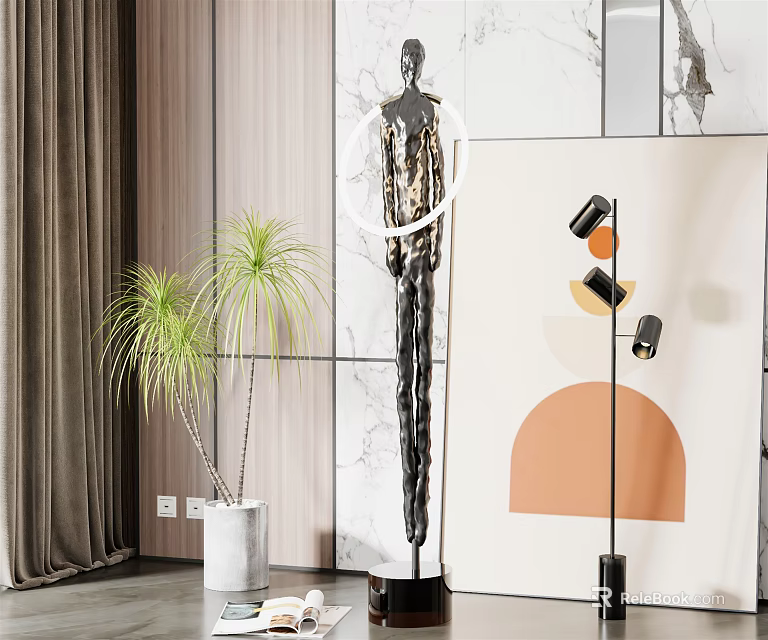 Modern Black Abstract Sculpture in Interior with Green Plant Floor Lamp and Marble Wall 3d model 