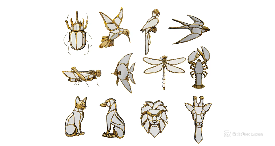 Decorative Animal Shaped Mirrors With Gold Accents And Glass Details For Home Decor 3d model 