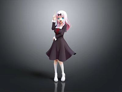 Anime Game Character With Pink White Hair Dark Dress White Socks Raised Finger Pose 3d model