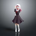 Anime Game Character With Pink White Hair Dark Dress White Socks Raised Finger Pose