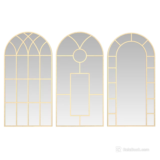 Three Arched Mirrors with Golden Frame and Geometric Grid Patterns 3d model 