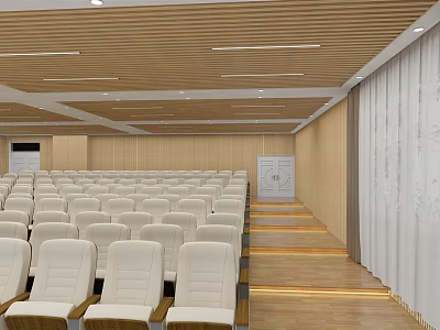 School Auditorium With Rows Of White Seats Wooden Ceiling And Bright Space Design 3d model
