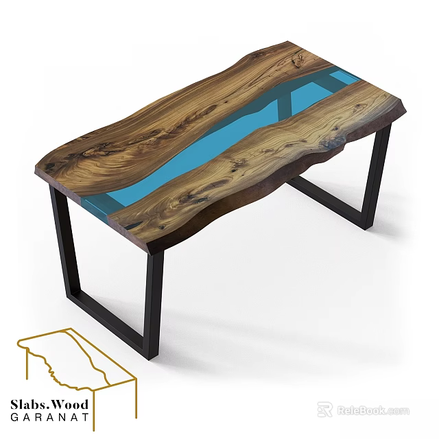 Modern Functional Desk Featuring Wooden Top Blue Resin Inlay And Black Metal Legs 3d model 