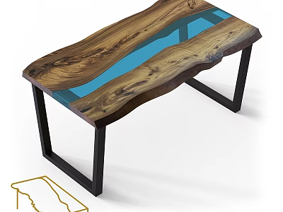 Modern Functional Desk Featuring Wooden Top Blue Resin Inlay And Black Metal Legs 3d model