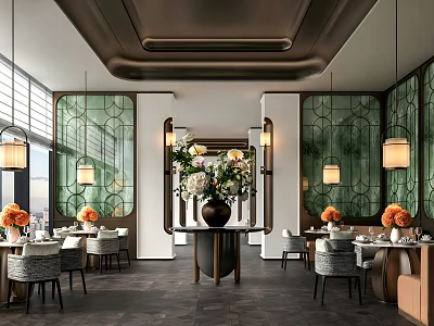 Elegant Banquet Hall Interior Design With Hanging Lamps Green Decorative Screens And Floral Centerpieces 3d model