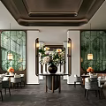 Elegant Banquet Hall Interior Design With Hanging Lamps Green Decorative Screens And Floral Centerpieces